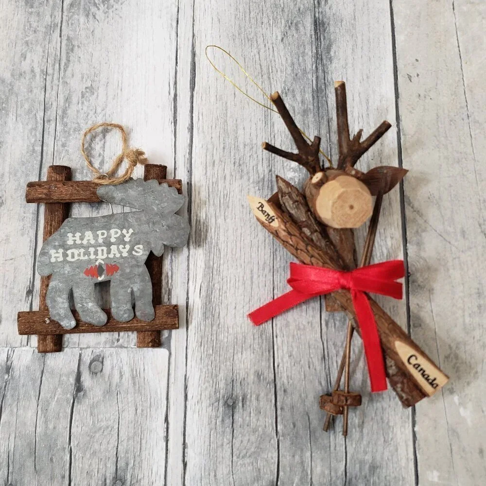 Wood and Metal Happy Holiday Moose and Deer Christmas Ornaments